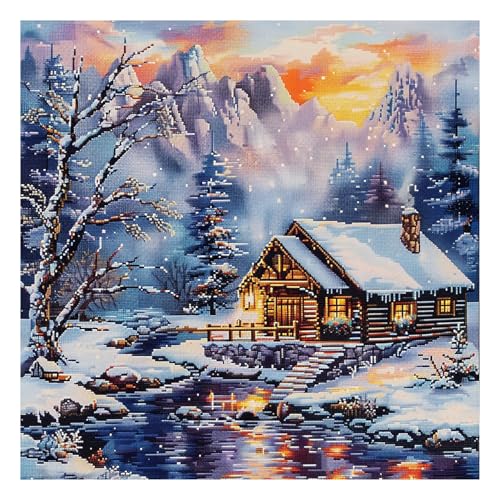 51buyoutgo Kit Punto Croce Nevicare Paesaggio, Schemi Quadri Set Ricamo Punto Croce Kit da Ricamare Principianti Starter Stampato Prestampato Completo Bambini Cross Stitch Embroidery Ricami 40 x 40 CM