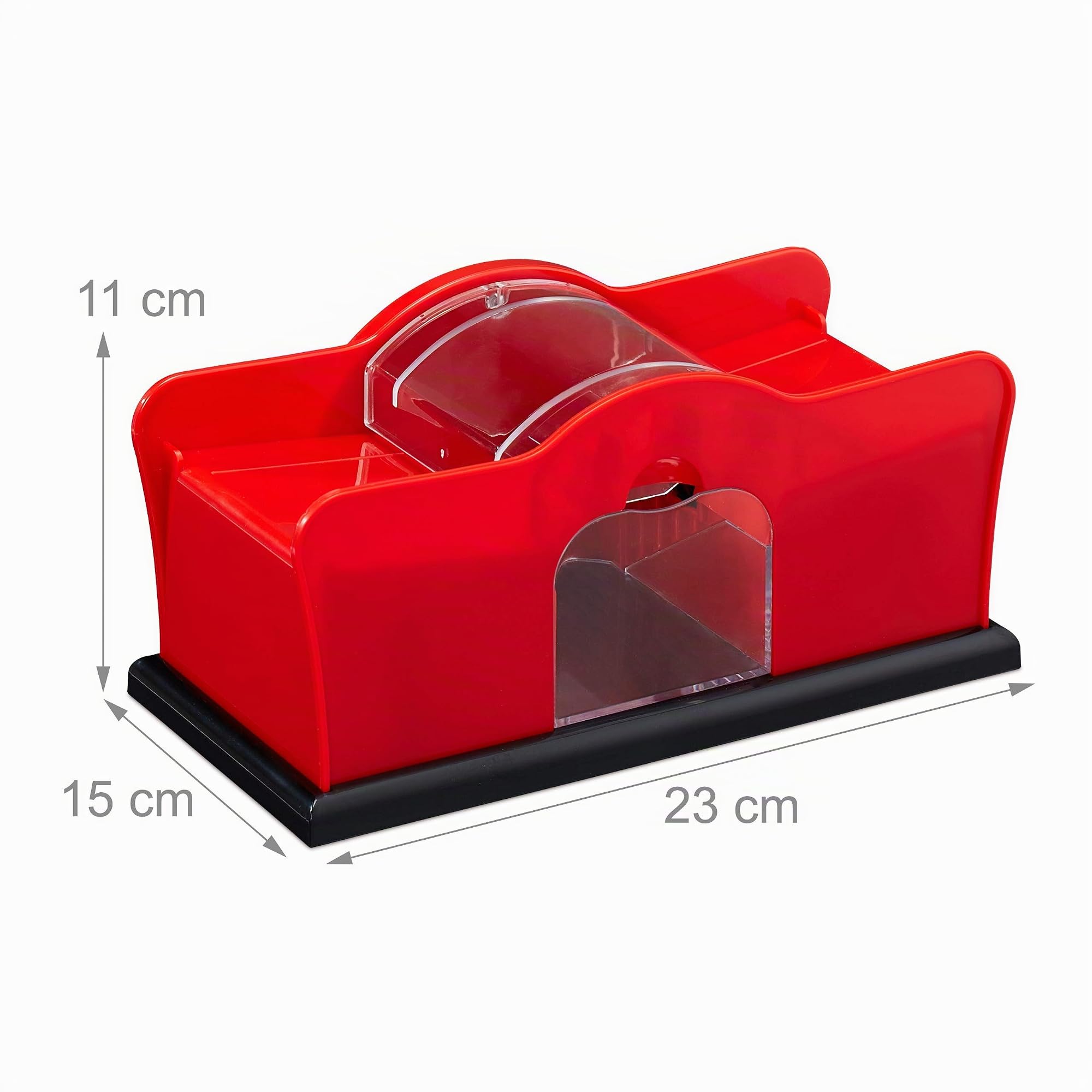 Relaxdays Mixeur de cartes 10031555, 2 jeux, manivelle, mixeur manuel pour cartes à jouer jusqu'à 91 mm, plastique, rouge/noir