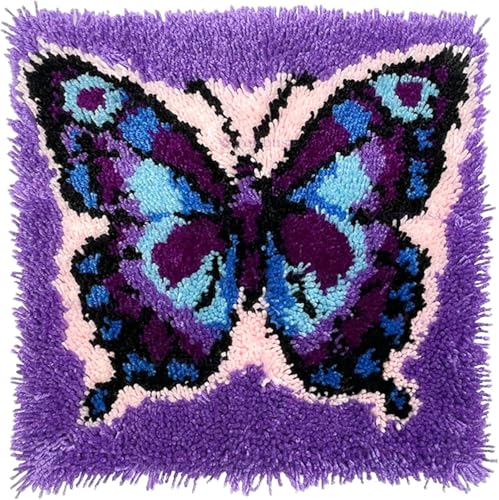 Image of veirousa Butterfly Latch Hook Kits for Adults Beginners Animals Latch Hook Pillow Kit Pre-Printed Latch Hook Rug Kits Insect Cross-Stitch Cushion for Home Sofa Decoration 17x17 in. Handmade Gift