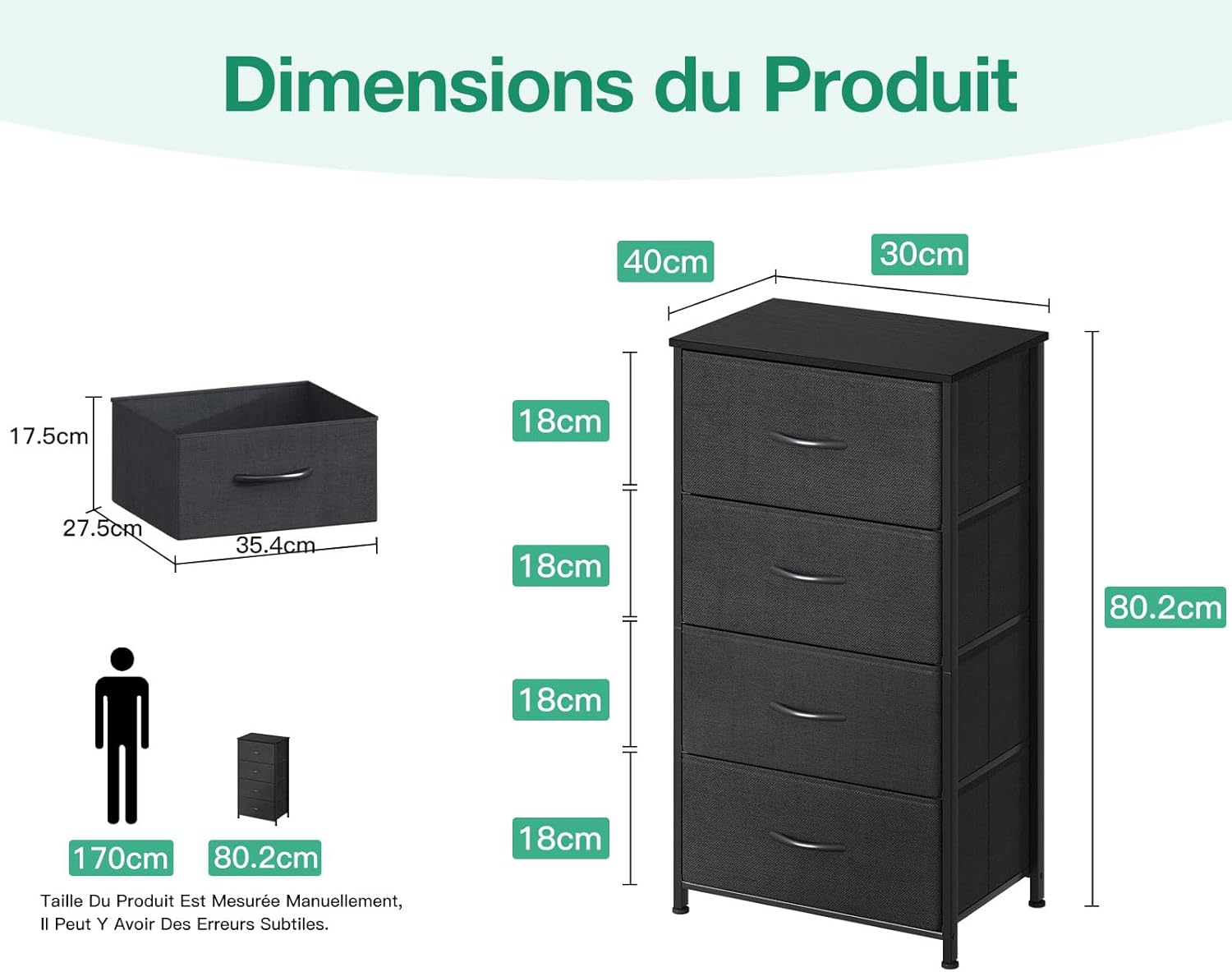 Diagram showing the dimensions of the Coleshome 4-Drawer Fabric Dresser