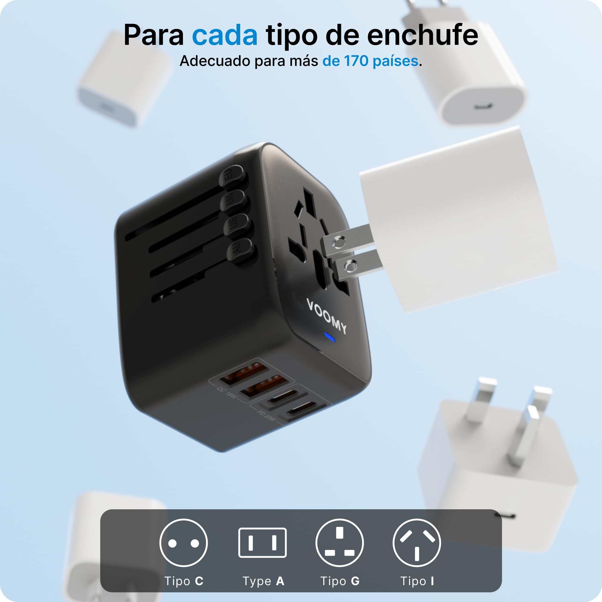 Adaptador De Viaje Universal Decqle - 2 USB-C (20W) + 1 USB-A, Compatible Con 224+ Países (¡Blanco Molón!)