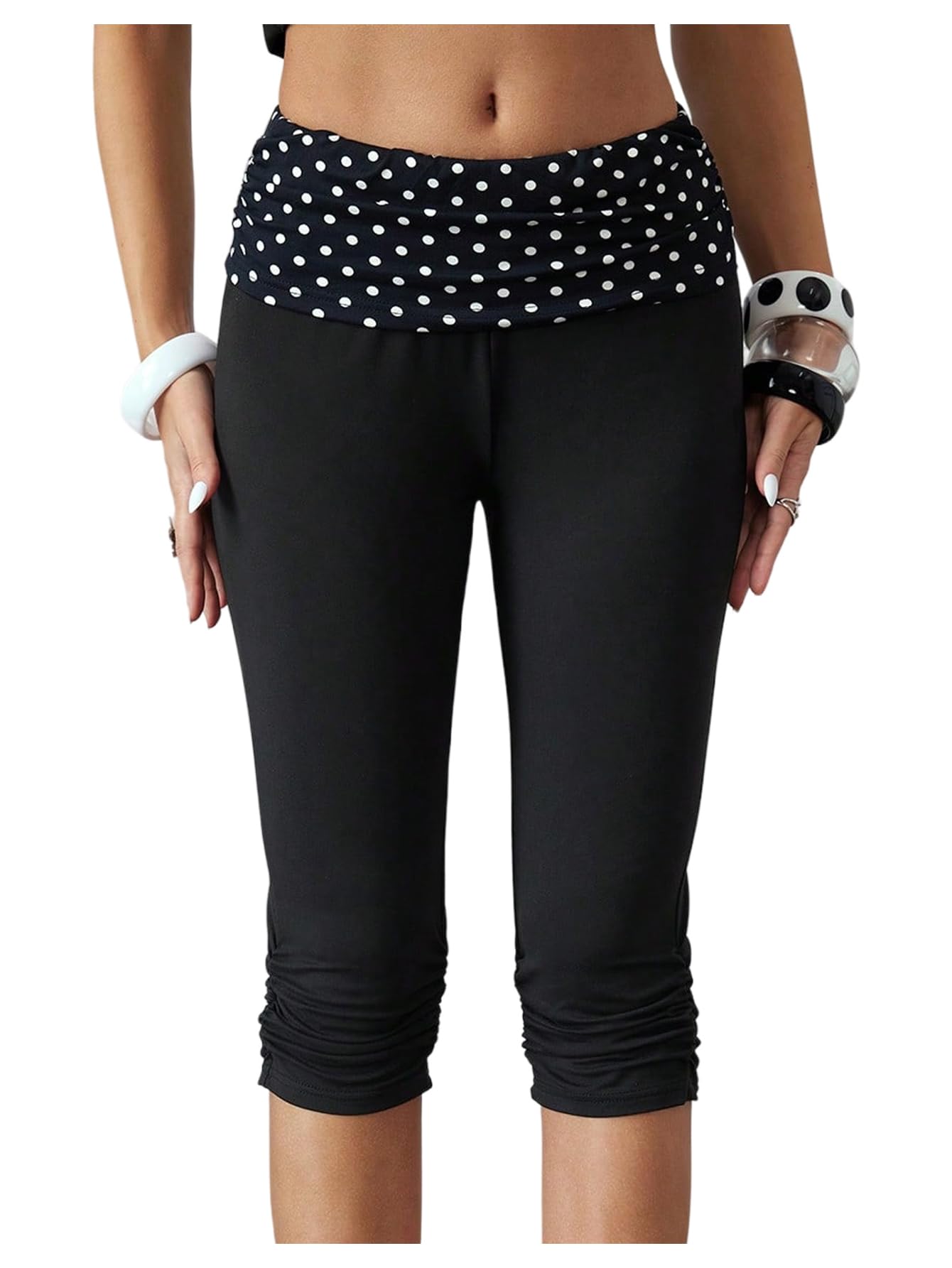 Verdusa Womens Polka Dots Foldover Capri Pants Ruched Knee Length Shorts