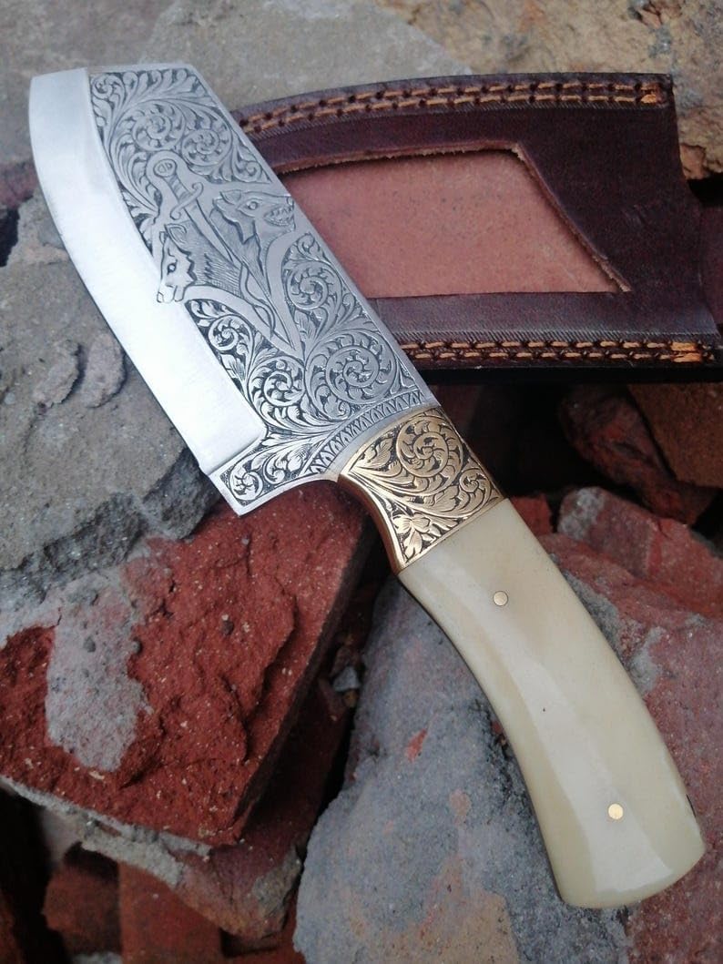 Hand Engraved Hunting Knife Handmade Survival Bushcraft EDC Collectible Unique Gift for Him or Her Decorative Knife for