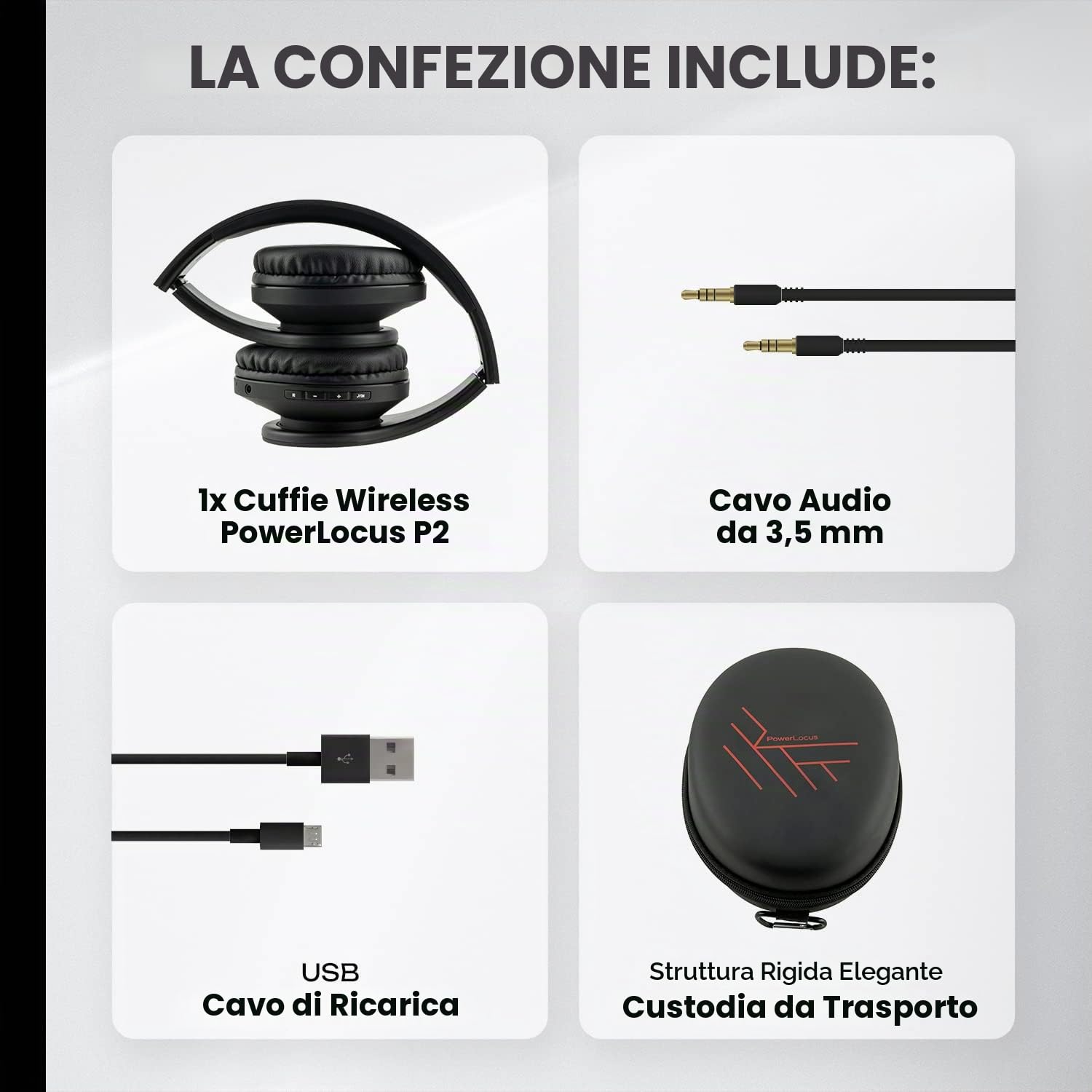PowerLocus Cuffie Bluetooth Over Ear, Cuffie Wireless Bluetooth 5.3, Hi-Fi Stereo Suono, Senza Fili con Microfono, Pieghevoli, Micro SD/TF, FM Radio per Viaggio/Telefono/PC/Ufficio (Nero)