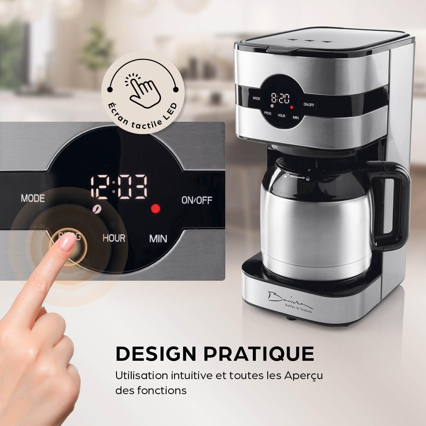 Barista Cafetière filtre avec thermos | Minuteur 24h & filtre permanent | Pour 8 tasses de café | Cafetière pour poudre [Acier inoxydable]