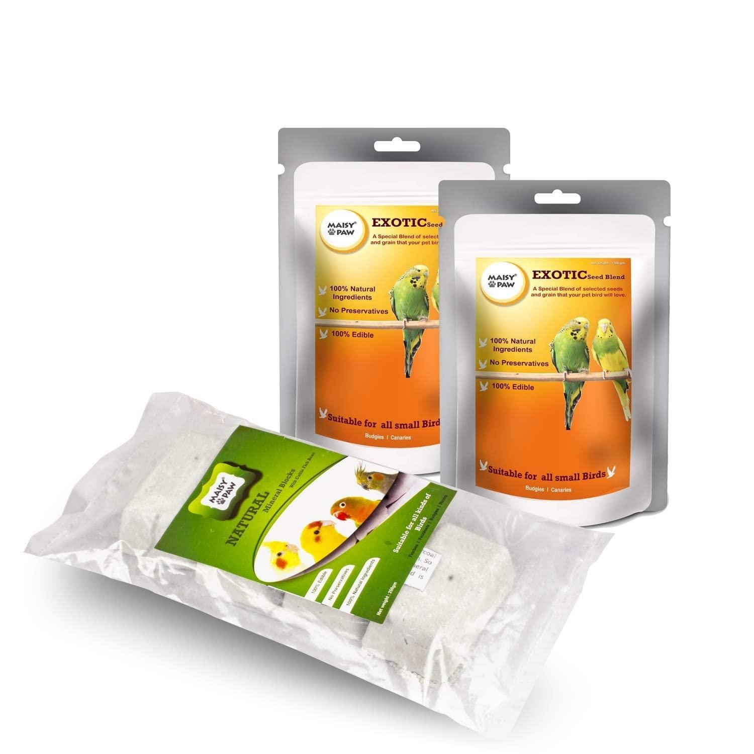 Maisy Paw Combo of 1200gram Budgies Bird Food, Seed Mix, 2 Pcs & 1 Pcs 250 gram Natural Mineral Block with Cuttlefish Bone for Birds (Pack of 3) (B08GXG8QC4) Amazon Price History, Amazon Price Tracker