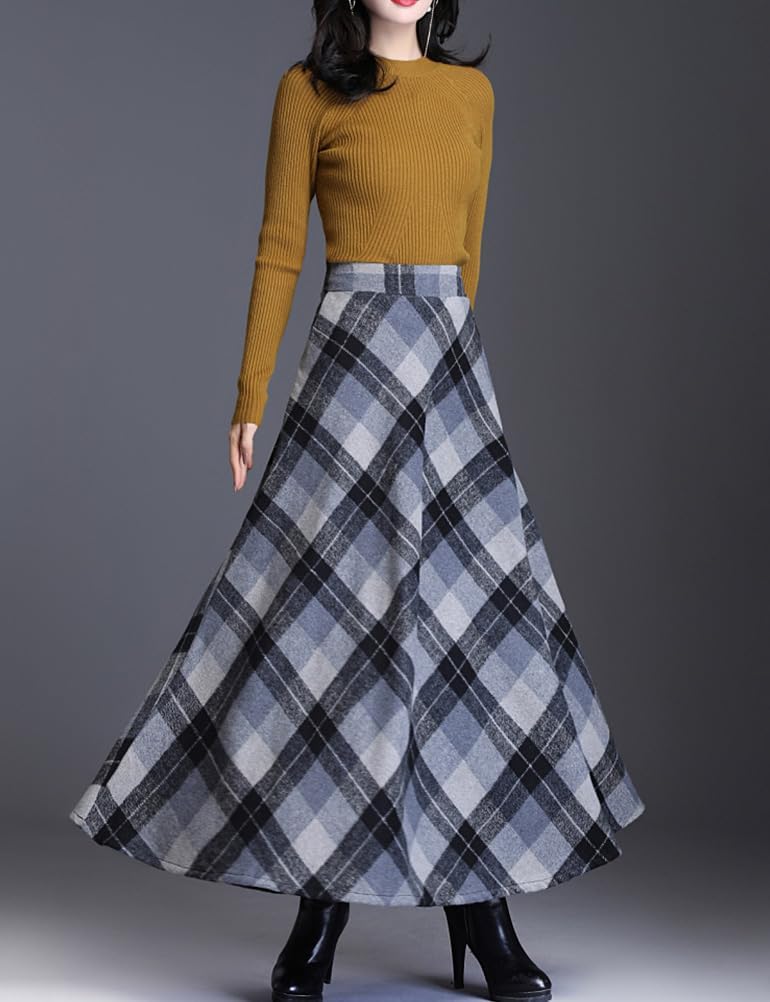 Women's Plaid Skirt Warm Elastic Waist Wool A-Line Pleated Tartan Winter Long Skirts - Image 3