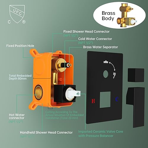 Miniatura 6 de Hoimpro Sistema de ducha negro mate de 12 pulgadas con barra deslizante ajustable, cabezal de ducha de lluvia cuadrado y varita montado en la pared,