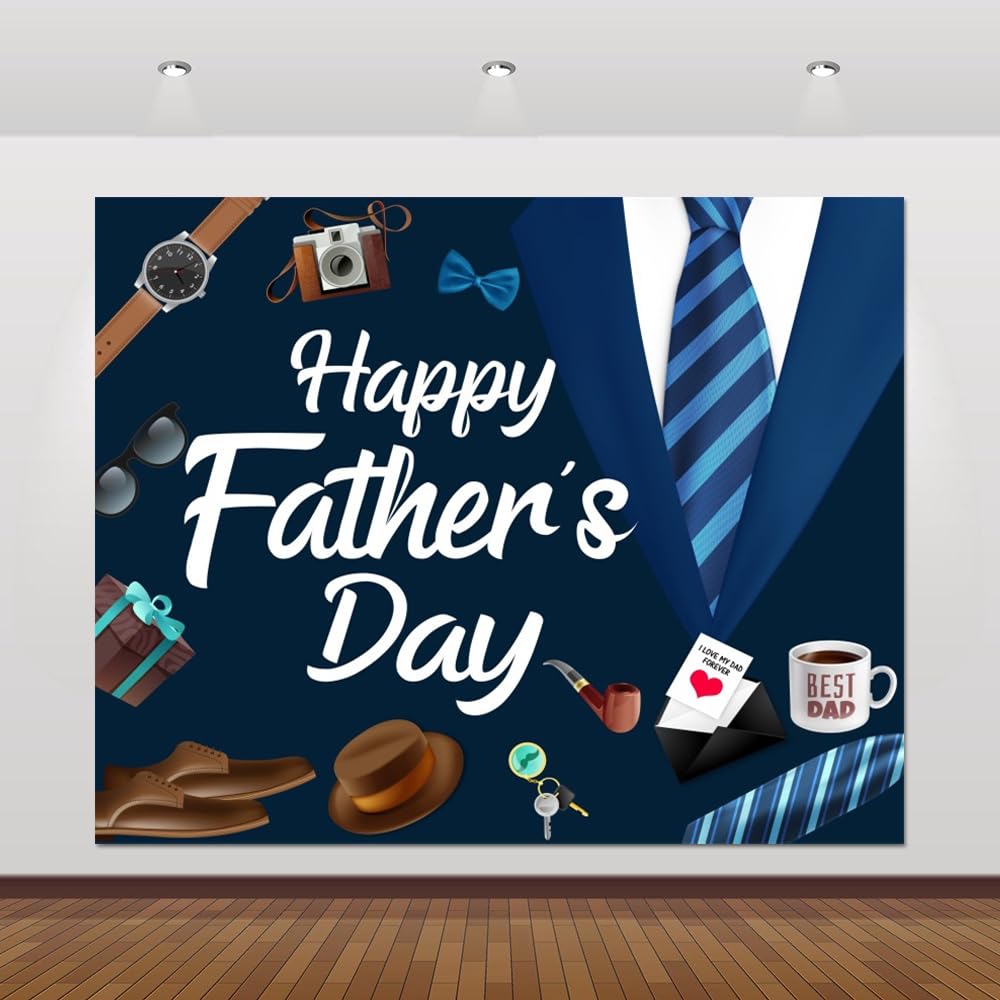 Father's Day Photography Backdrop 10x8ft Father's Day I Iove Dad Background Blue Suit Tie Best Dad Ever Party Banner Happy Fathers Day Backdrop