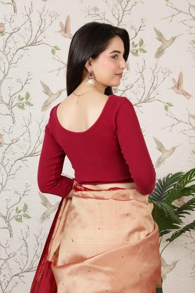 Image of Mlada V-Neck Stretchable Saree Blouse Top for Women | Slim Fit 3 /4th Sleeves Solid Cotton Blouses | Readymade Saree Blouses for Women Festive & Ethnic | Blouse Crop Top