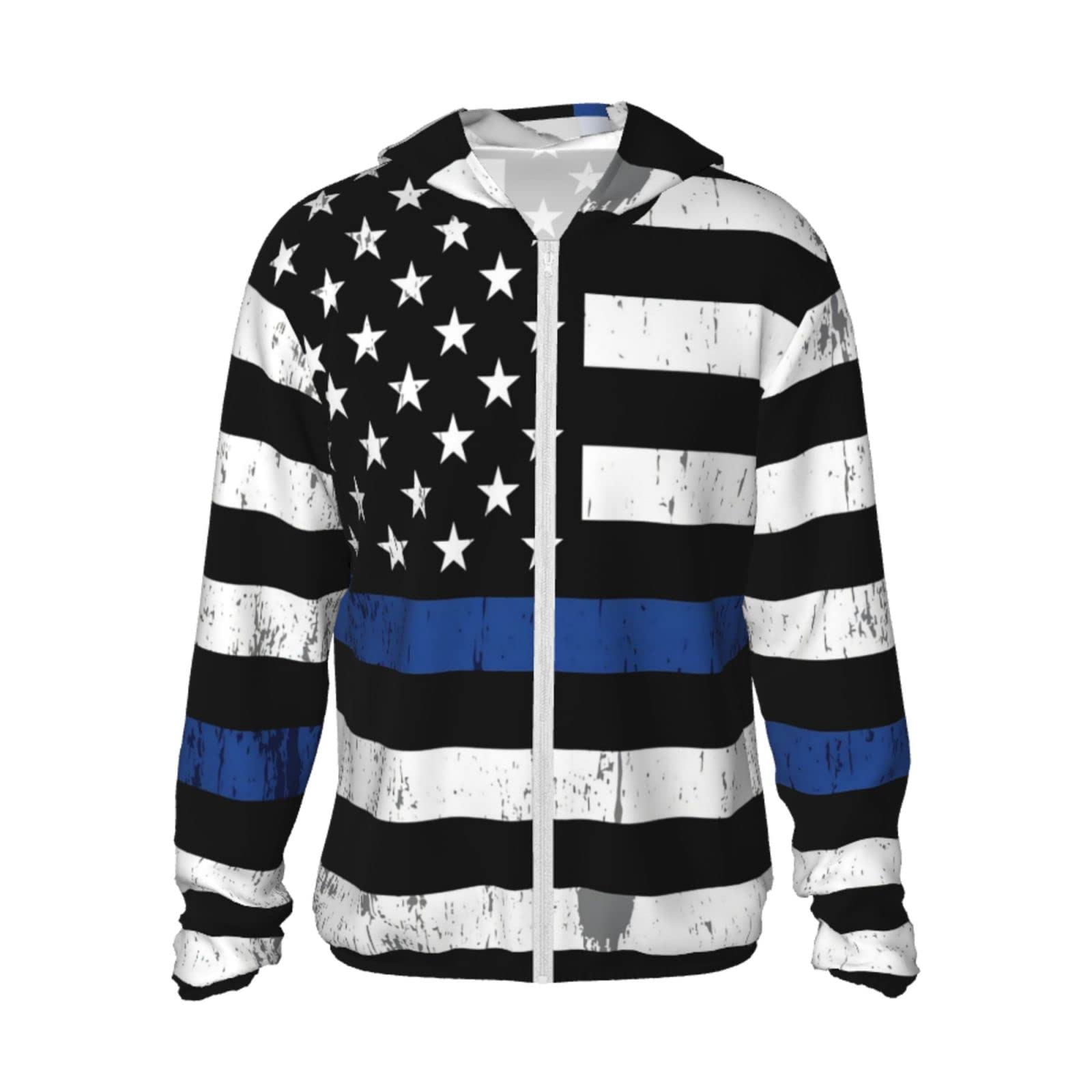errtavt Thin Blue Line American Flag Sun Protection Hoodie Women's Long Sleeve Uv Shirts Jacket Jacket Hooded with Pockets for Hiking Outdoor Medium