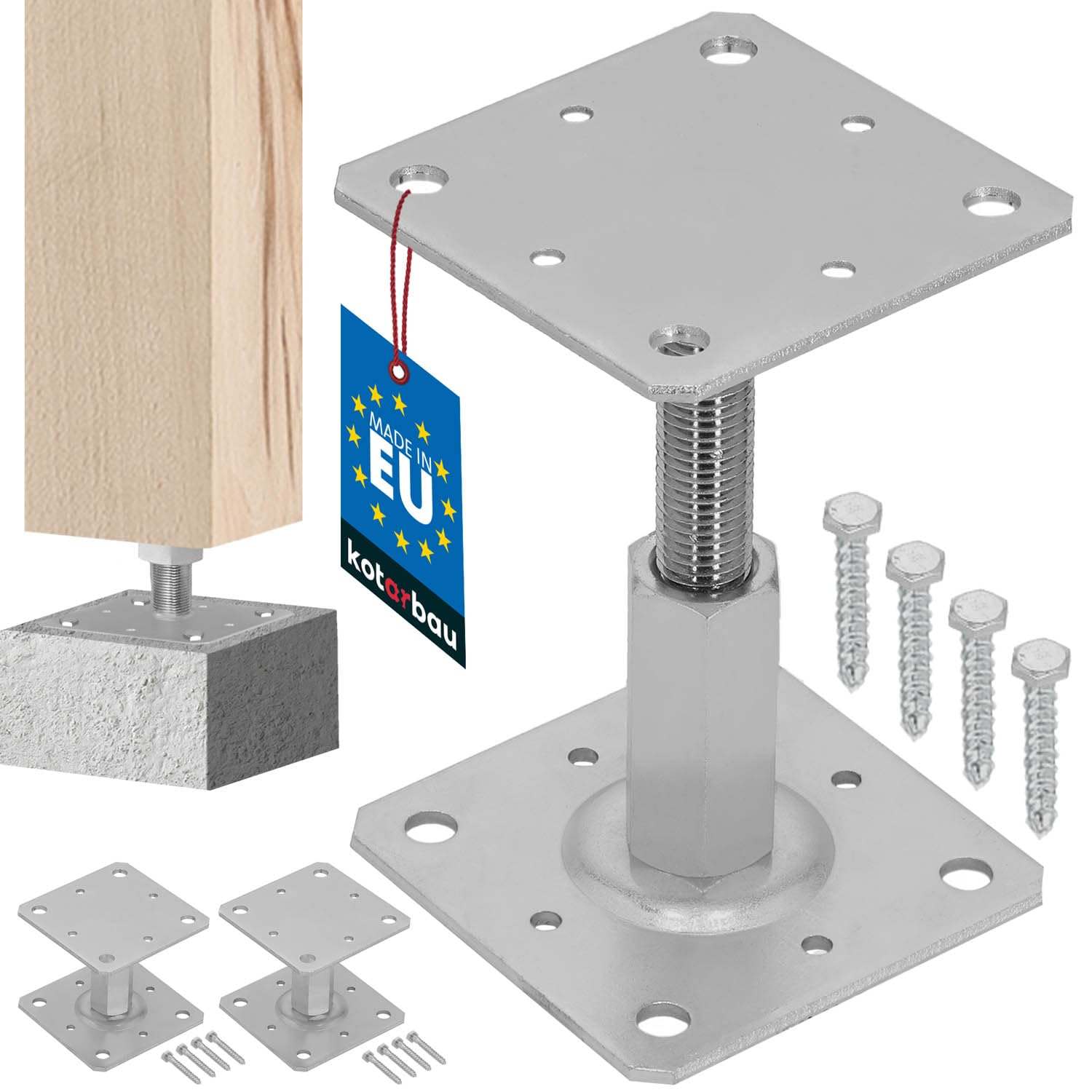 Kotarbau 2 Pieces Kotarbau® 2 Pcs Fence Post Support - Post Base - Galvanised Steel - 110X110 Mm (4.33X4.33 Inches) - Silver - Adjustable Height 90–150 Mm (3.54–5.91 Inches) - Heavy Duty