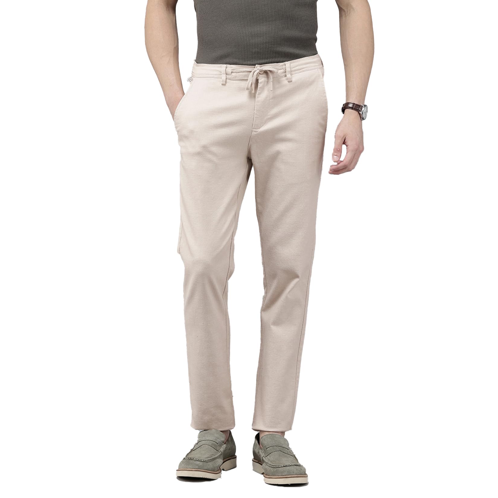 Mens Beige Checked Cotton Caribbean Slim Fit Trousers | Mid-Rise Vacation Wear | 4 Pocket Woven Pants | Soft Wash Finish -2956-727-image-19