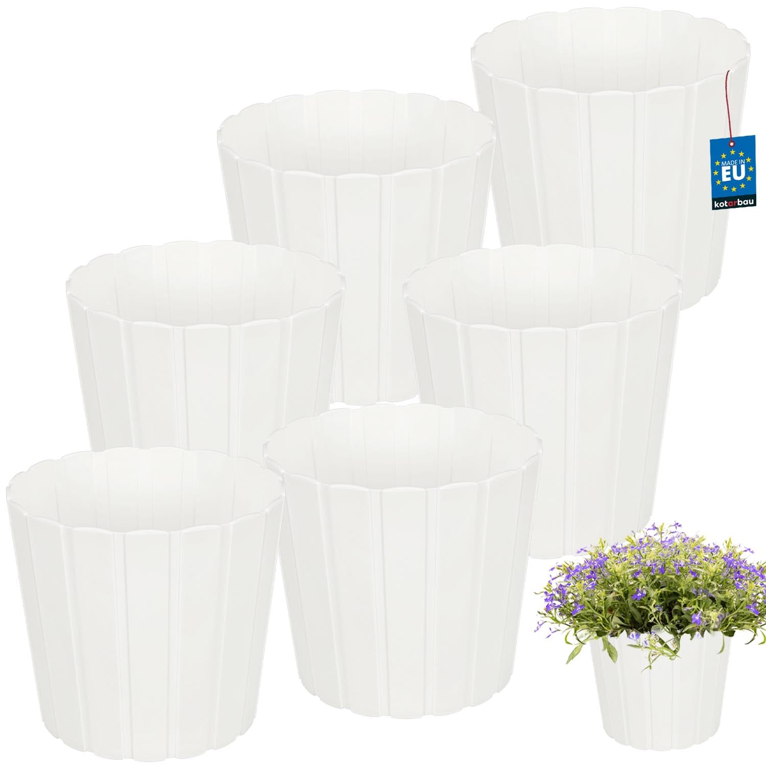 KOTARBAU Set of 6 Flower Pots - Planters - Diameter 20 cm Height 18 cm - White - Plastic - Plant Pot for Indoor Plants - Flower Pots - Large - Outdoor - Planter - Balcony - Decorative