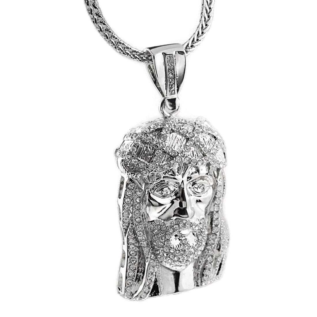 Jesus Piece Iced Pendant Silver Tone Face Head 36 Inch Long Franco Necklace Hip Hop Chain, Stone Metal