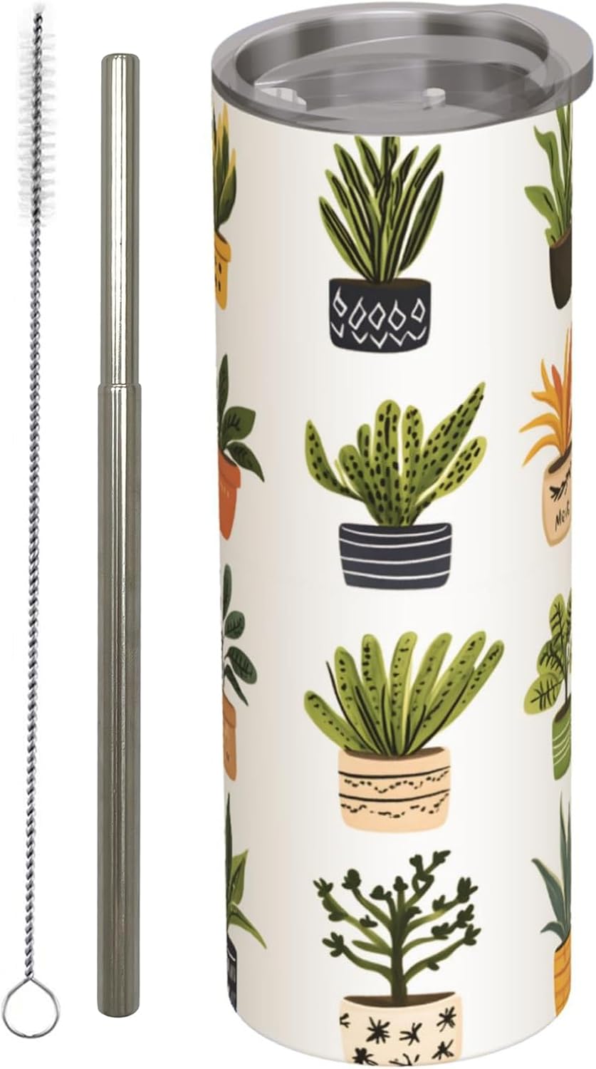 Potted Plant Stainless Steel Insulated Tumbler with Lid - 20oz Vibrant Botanical Travel Mug,Reusable Metal Straw & Brush, Double-Wall Vacuum Bottle Cup for Hot and Cold Drinks Gifts