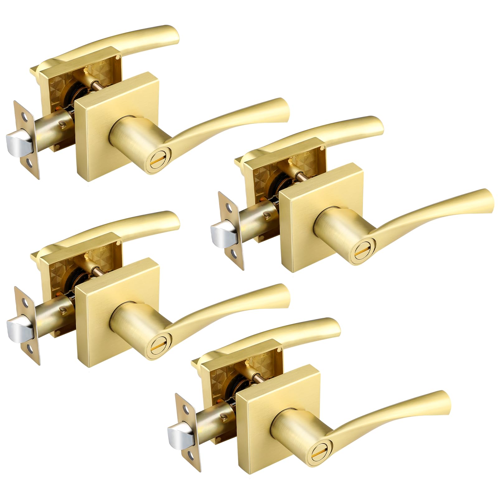 EHOMEWARE 4 Pack Gold Door Handles, Privacy Door Levers for Bedroom Bathroom, Satin Brass Interior Door Knobs Without Keys, Locked Inside with Turn-Thumb