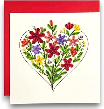 Handmade Quilling Greeting Card Floral Heart Design Romantic Paper Art for Her, Birthday, Anniversary, Valentines Day, Thinking of You, Special Occasion Gift Keepsake