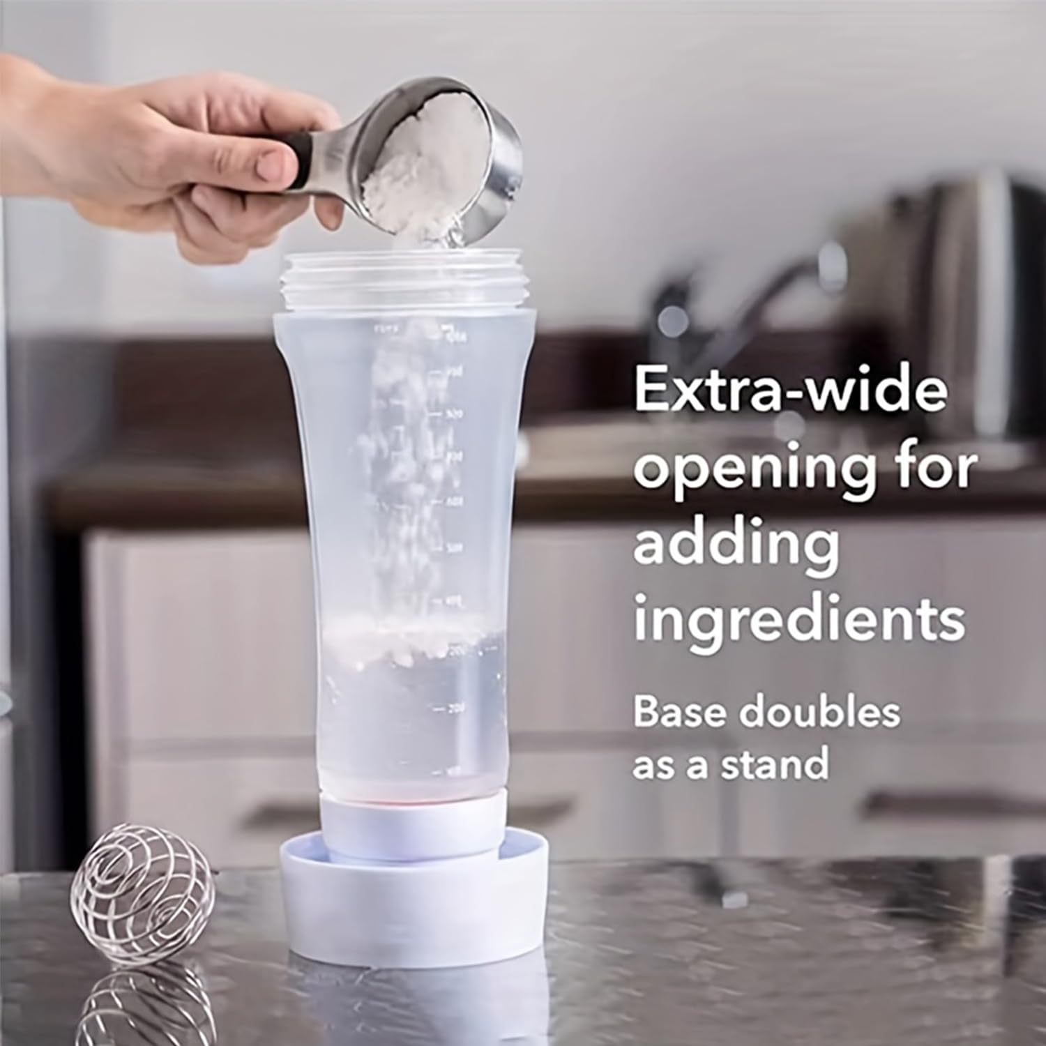 Dosificador de masa con escala para 1000 ml con batidor BlenderBall para crepes, poffertjes, tortitas, gofres, magdalenas o rosquillas (blanco)