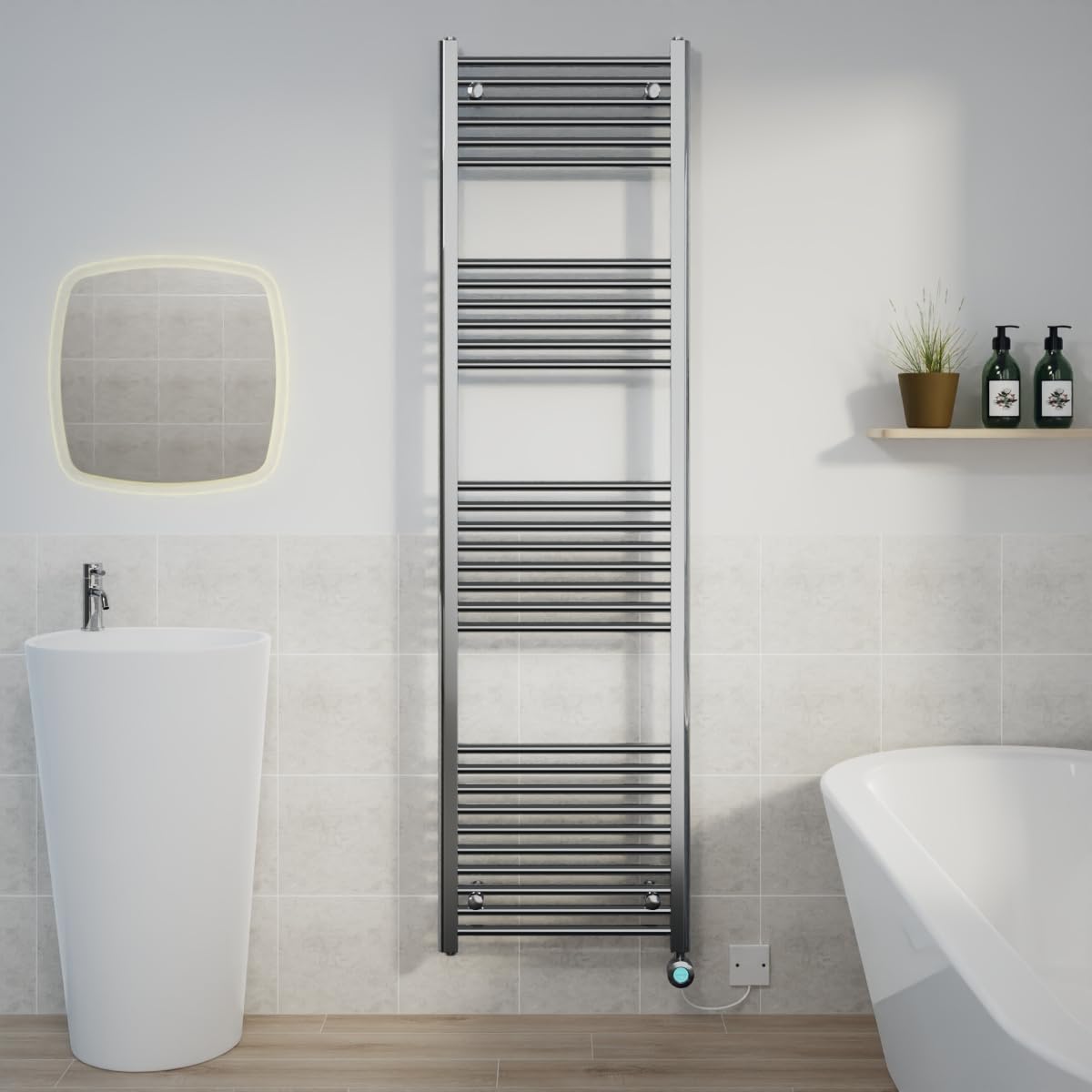 Warmehaus Chrome Prefilled Electric Thermostatic Heated Towel Rail Bathroom Ladder Radiator Straight With 800W Lcd Display Timer Electric Heating Element 1800X500mm