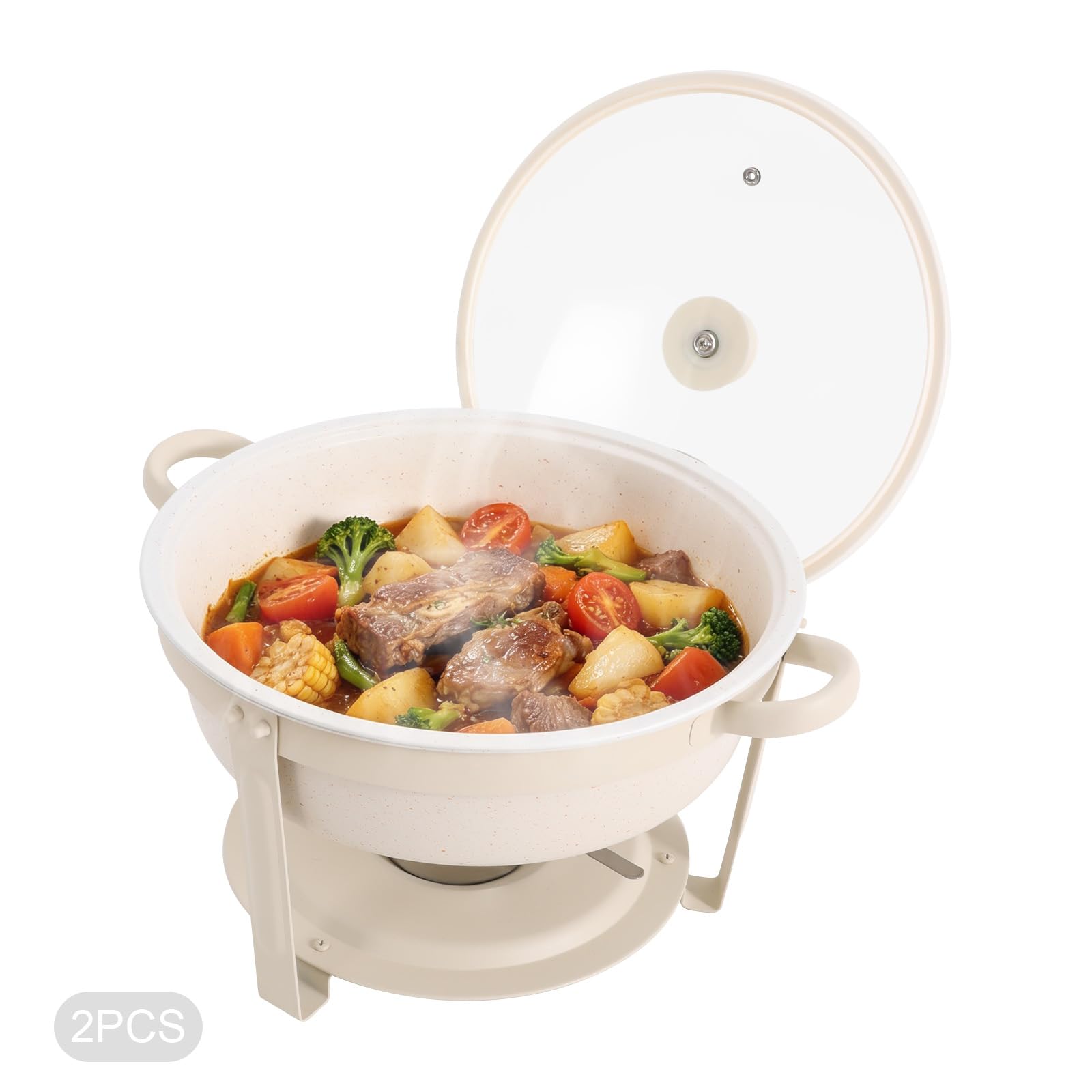 Chafing dish, plato de servir, juego de aparador de 2 piezas 5QT de acero | Set 2 platos 5,5L, acero inoxidable con revestimiento maifanite, vidrio templado, servicio caliente o frío