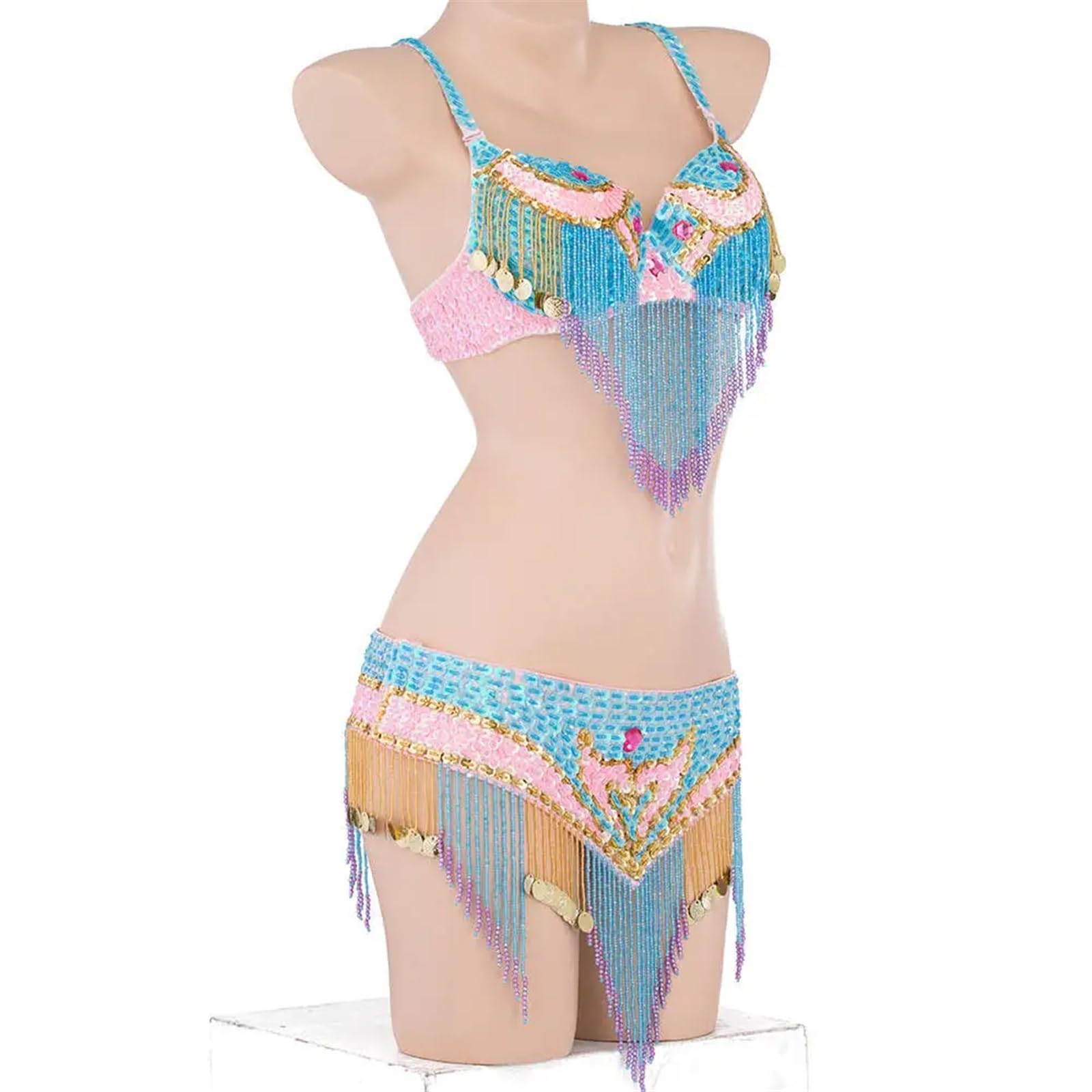 LIUHLFSR Size S-XL Performance Women Dancewear Professional Outfit Long Beaded Belly Dance Costume Bra Belt for Dancing Carnival Party(Blue,M)