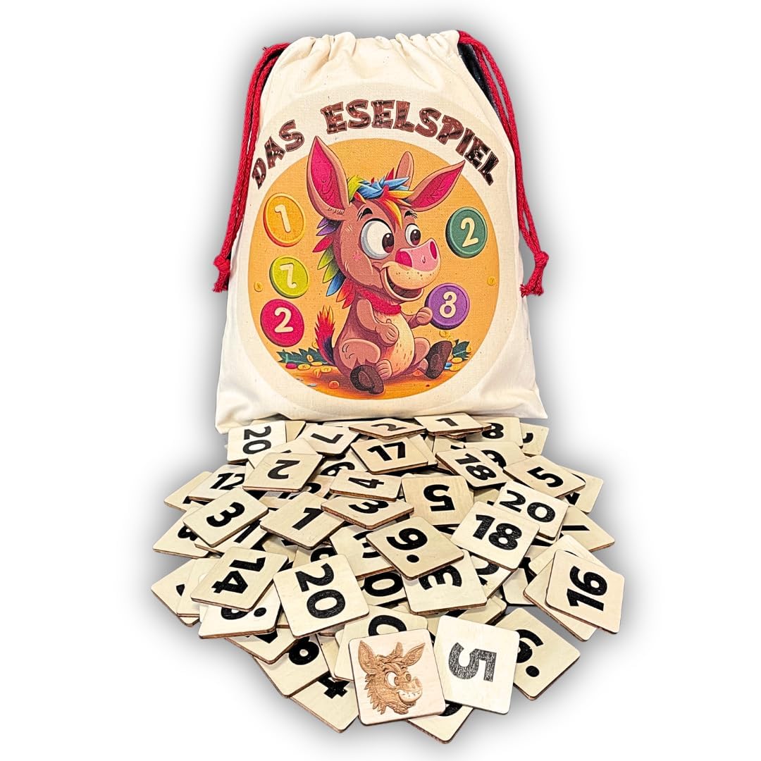 Mutou Das Eselspiel 2.0 ECKIG – Volle Zahlen – 121 Teile aus Holz mit Stoffbeutel – Handgefertigtes Familienspiel - Lernspiel - Geschenk - Partyspiel - Gesselschaftsspiel - Reisespiel