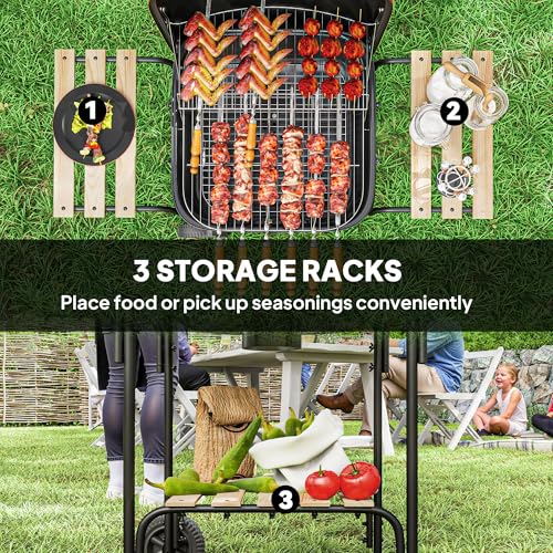 Outsunny Charcoal Barbecue Grill Portable BBQ Grill with 1840 cm² Cooking Area, 3 Shelves, Adjustable Vent, Lockable Lid, Wheels for Outdoor Cooking, Garden Party, Red 5 Outsunny Charcoal Barbecue Grill Portable BBQ Grill with 1840 cm² Cooking Area, 3 Shelves, Adjustable Vent, Lockable Lid, Wheels for Outdoor Cooking, Garden Party, Red - Image 5