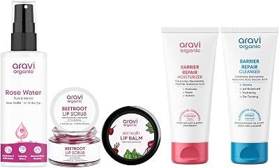Organic Rose Water & Moisturizer & Cleanser & Lip Scrub & Lip Balm – Complete Natural Skincare & Lip Care Set for Hydrated, Glowing Skin & Soft Lips