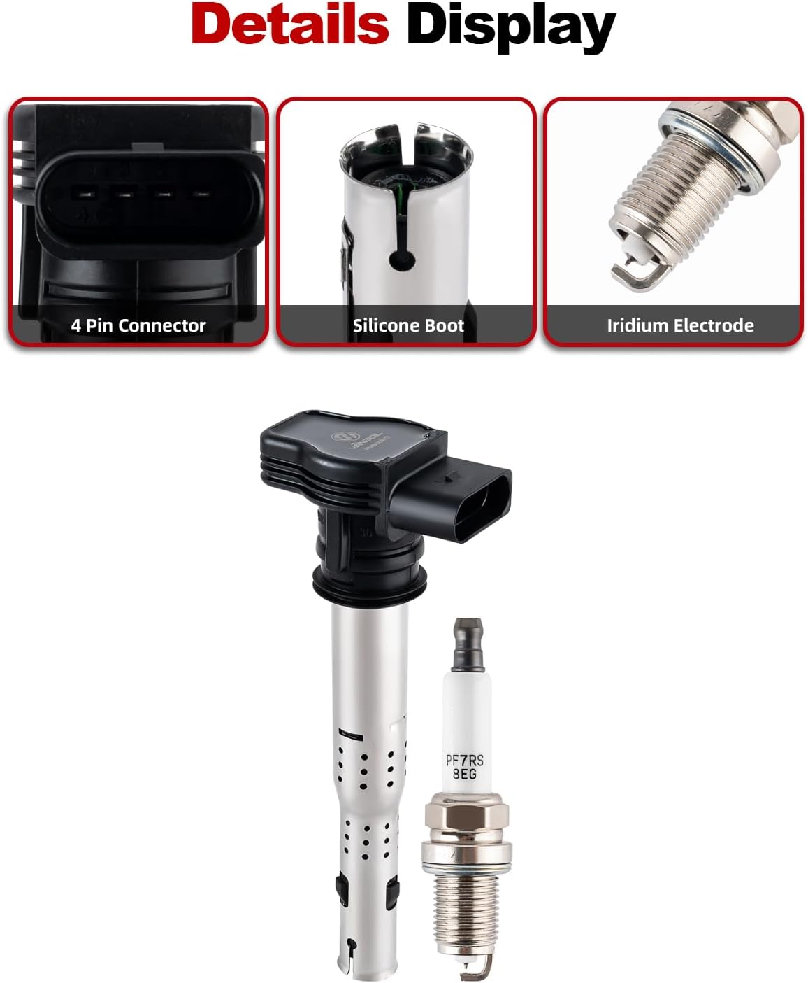 Set of 4 Ignition Coil Pack UF575 and Spark Plug Compatible for Volkswagen VW Jetta Golf Beetle Passat Tiguan Eos GTI Golf CC Rabbit Audi A3 A4 A5 A6 Q3 Q5 TT Quattro Gallardo L4 L5 2.0L 2.5L