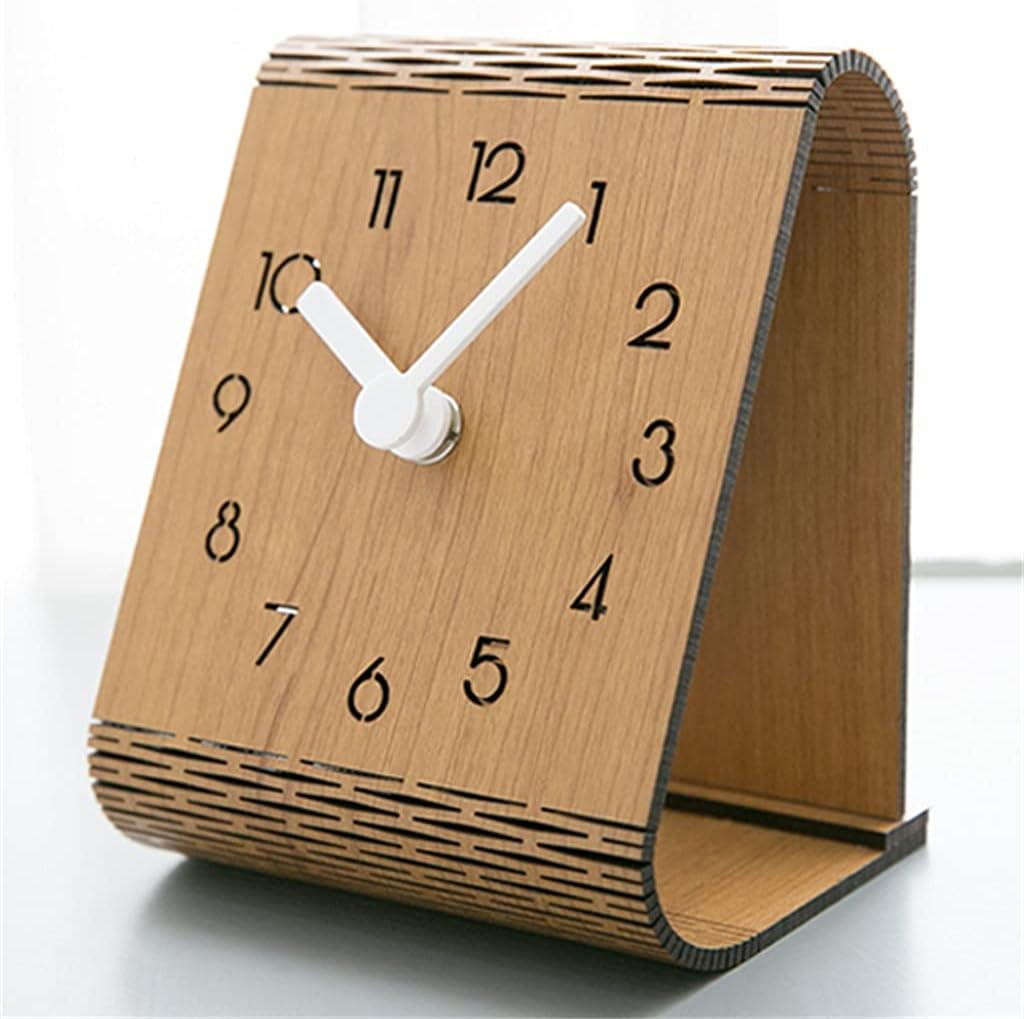 Table Clock Solid Wood Desktop Decoration Desk Bedroom Silent Household Ornaments(Black)