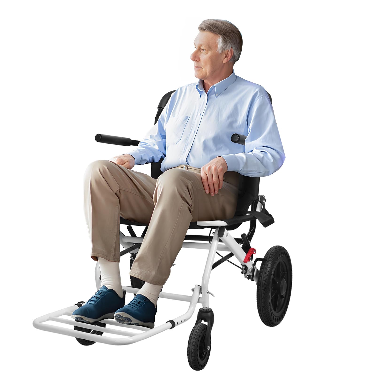 SXSLTSA Portable Wheelchair for Adults, Foldable Transport Chair for Seniors 100KG Support Carbon Steel Travel Wheelchair with 12inch Large All Wheels for Elderly White M