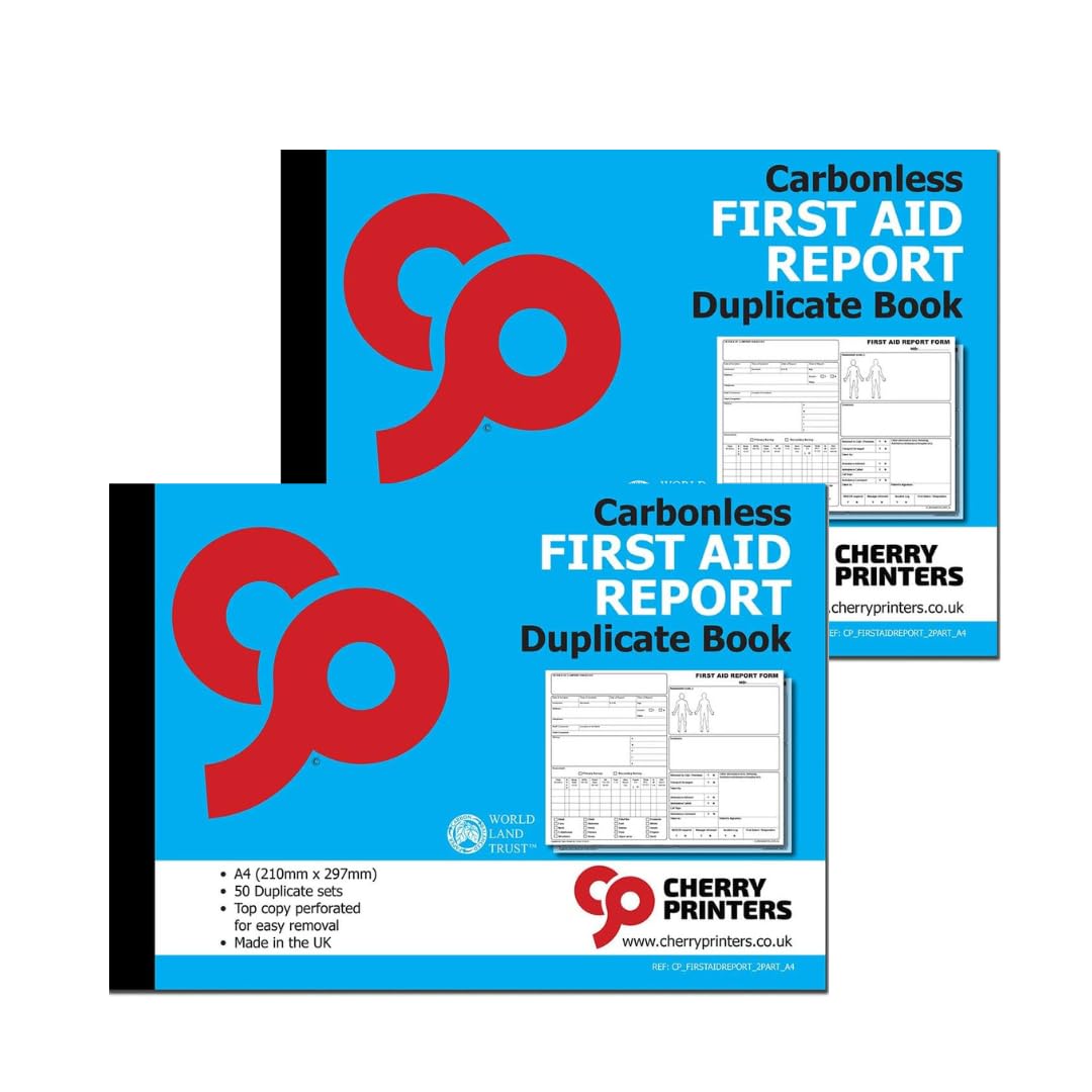 Cherry Printers | Carbonless First Aid Report Duplicate Book A4 | Accident Incident Report Book | 2 Part NCR Pad | 50 Sets | RIDDOR Compliant Forms | Workplace School Safety Log UK **2 Pack**