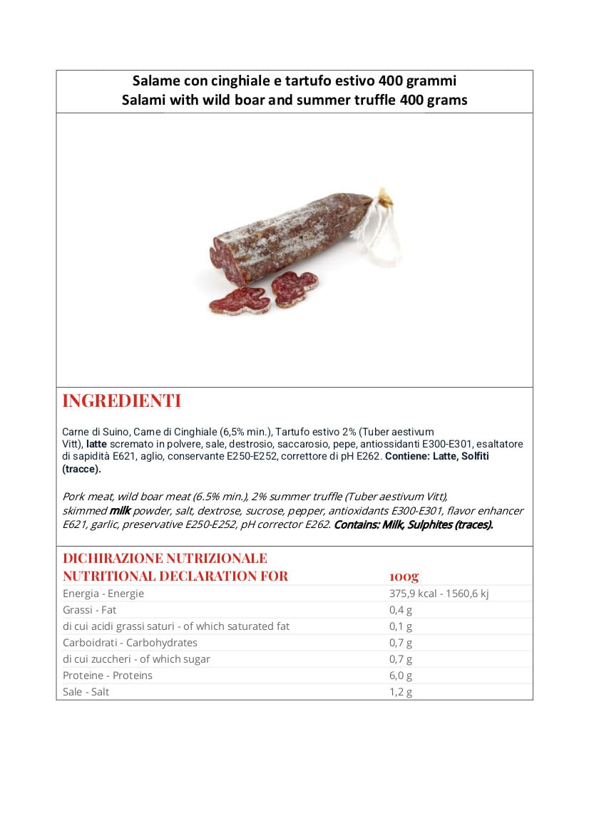 Salami de sanglier à la truffe d'été 400 grammes