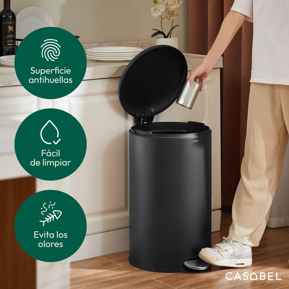 CASABEL Cubo de basura de cocina redondo 50L, acero inoxidable, negro | Apertura con pedal, Cierre suave, Acero antihuellas, Aro de sujeción de bolsa, Asa de transporte, Fácil mantenimiento