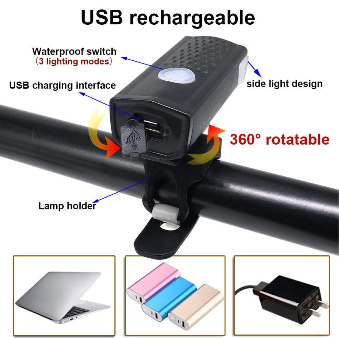 Luce Anteriore in Bicicletta, Faro Bici da Bici 300 lumens Faro Bici Ricaricabile USB con 3 modalità Bianca da Fuoco in Bicicletta Bianca