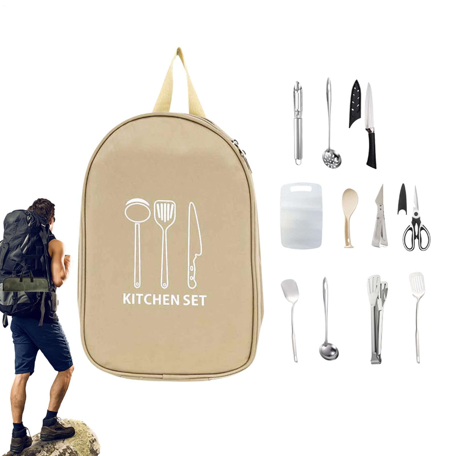 Set di stoviglie da campeggio, organizer per cucina da campeggio, attrezzatura portatile per donne e uomini, barbecue, picnic, zaino in spalla, escursionismo