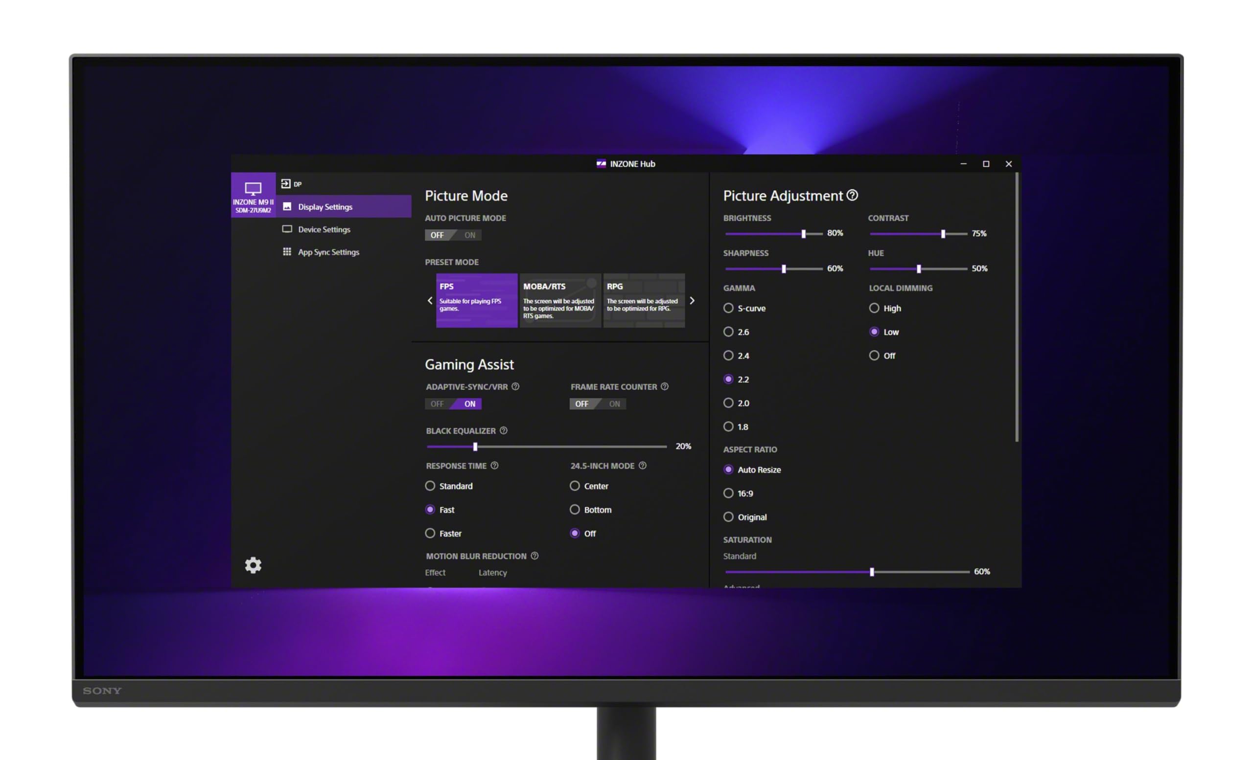 Sony INZONE M9II Monitor Gaming, 27 Pulgadas, 4K Ultra HD: Resolución 2160p, Frecuencia actualización 160 Hz, 1 ms GTG, Espectro DCI-P3 95%, Full Array LED, G-Sync, Adaptive Sync, VRR, Negro