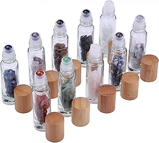 MrMrKura 10ml Roller Bottles for Essential Oils with Crystal Chips, Gemstone Roller Balls, Glass Roll On Bottles Perfume Travel Sample Bottles 10 PCs (Bamboo Lids)
