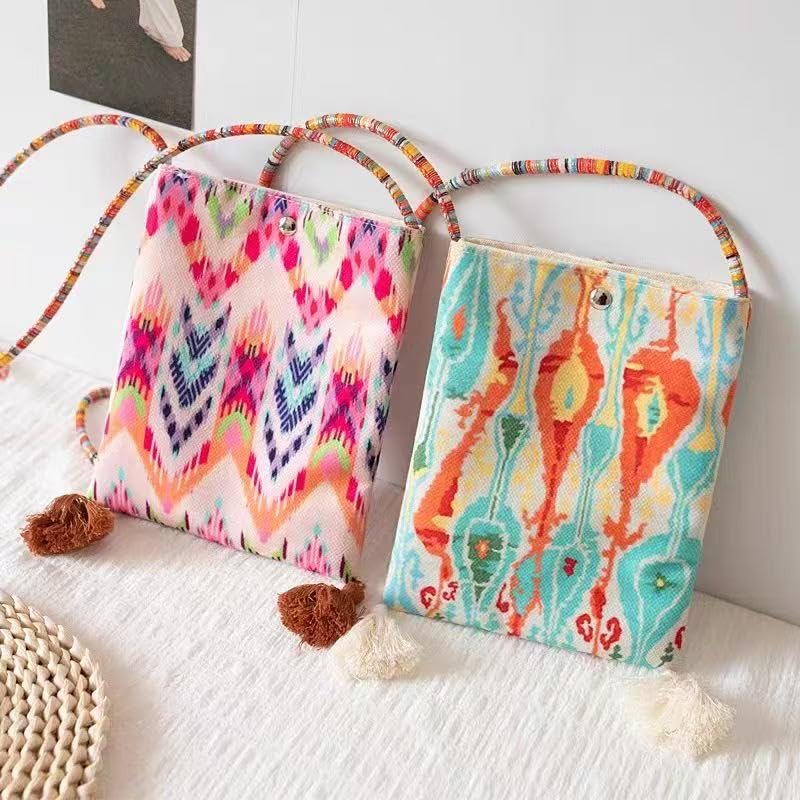 Boho Floral Canvas Crossbody Bag for Women Cute Tassel Small Cell Phone Shoulder Purse Bags Teen Girls Cross body Bag2