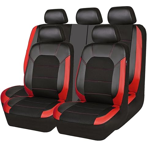 CAR PASS Universal Leather car seat Covers Sport fits Most Cars, SUVs, Trucks, and Vans (Full Set, Black Red)