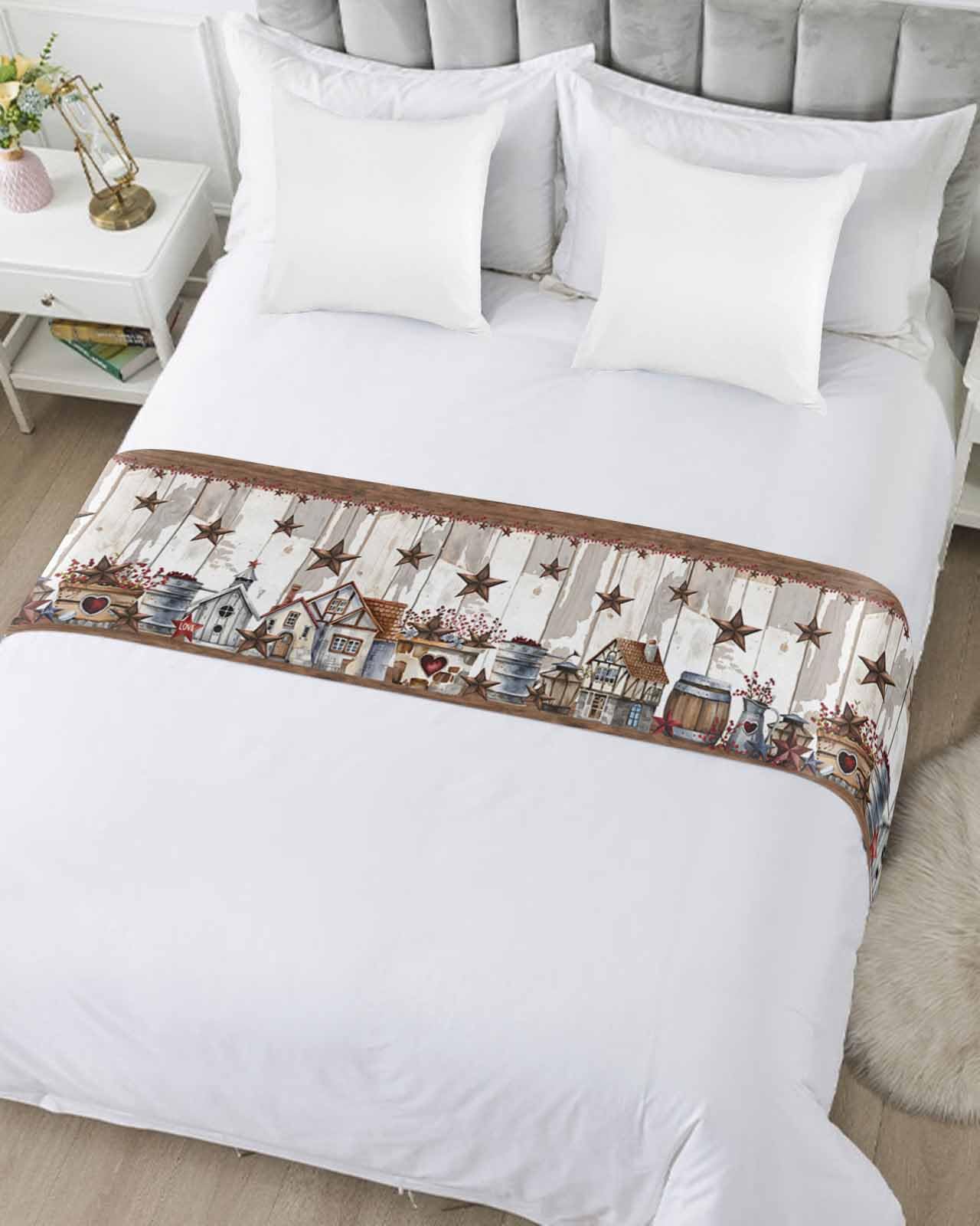 Bed Runner Farm Star Barn Bedding Scarves Soft Decorative Bed Flag Red Berry Wood Grain Bed Runners for King Size Bed Home Hotel Bedroom Decorations Bed Throws for Foot of Bed Scarf Protector 20x94