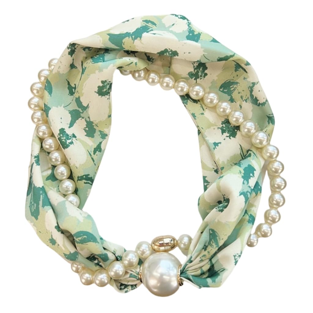QUEENYARD Women Scarf, Magnetic Clasp Pearls Chain Necklace Floral Satins Scarf Elegant Silk Skinny Narrow Neckerchief for Fashionable Women