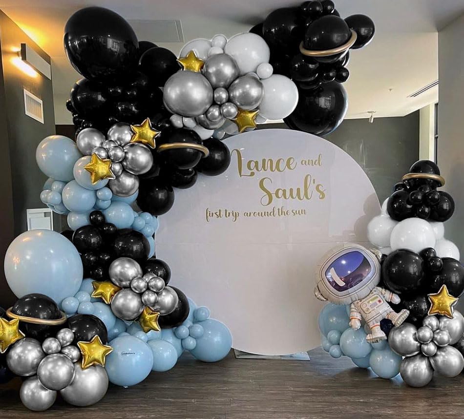 Miniatura 7 de Kit de guirnalda de globos plateados azules y negros, globos de doble relleno, azul polvoriento, negro, blanco, pizarra azul pastel, arco de globos