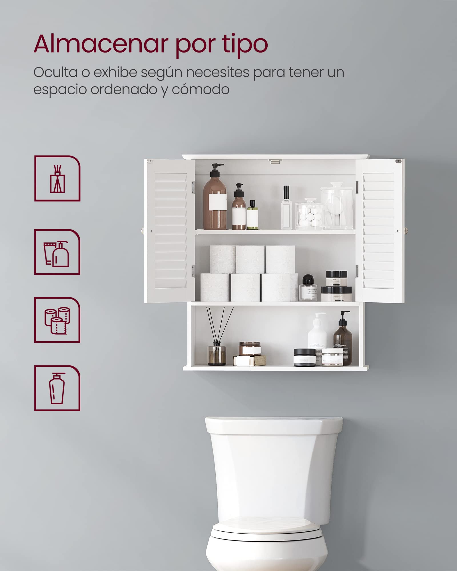 VASAGLE Armario de Pared para Baño, Armario Colgante, Armario de Almacenamiento con Estante Ajustable, Puertas de Doble Persiana y Estante Abierto, 20 x 60 x 70 cm, Blanco BBC27WT