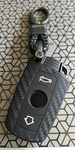 Miniatura 7 de iJDMTOY Funda para llavero de silicona suave con patrón de fibra de carbono negra compatible con BMW First Gen Key Fob E90 E91 E92 E93 E60 E61 E63