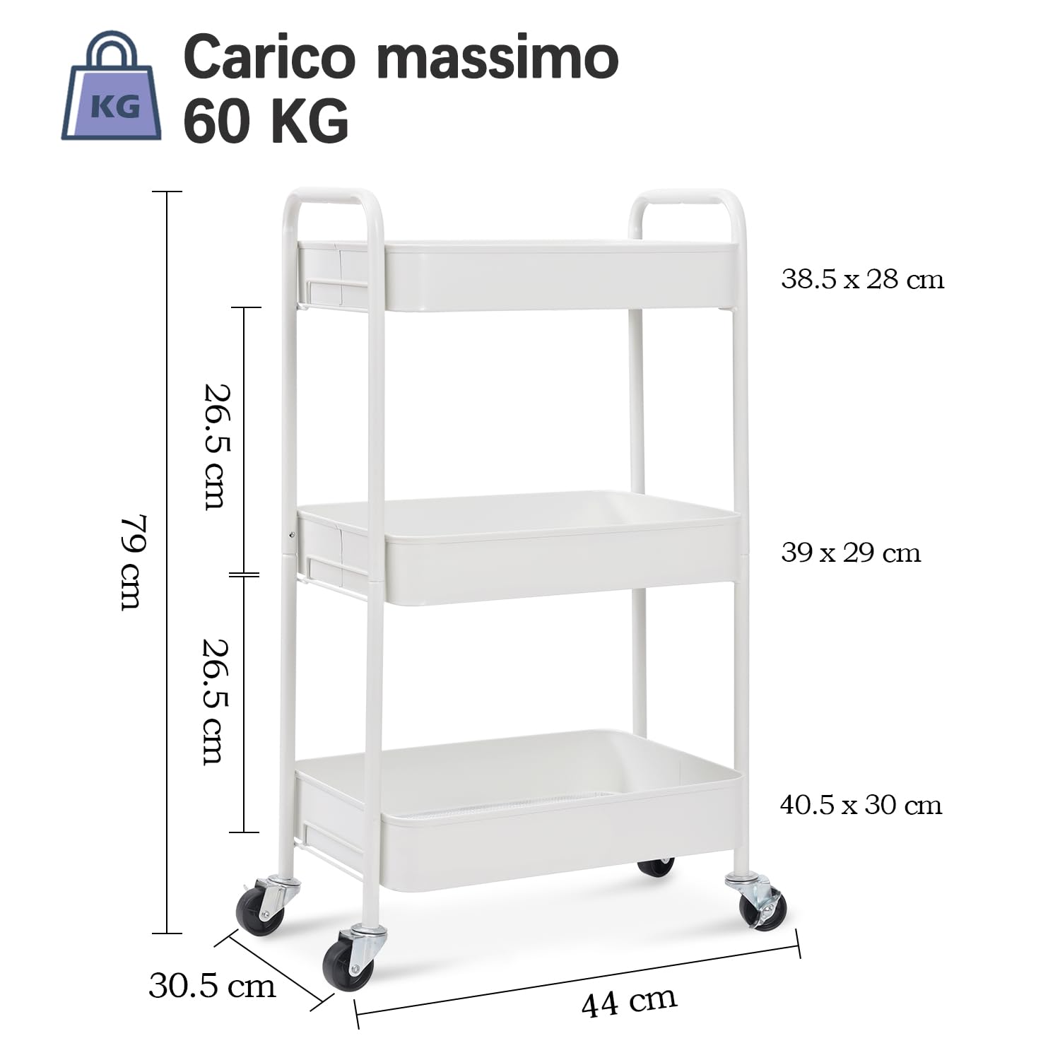KINGRACK Carrello da cucina, carrello a rotelle a 3 piani, in metallo, con ruote, maniglie per ufficio, salone, tutti i veicoli per cucina, bagno, cosmetici, senza viti, facile da montare (bianco)