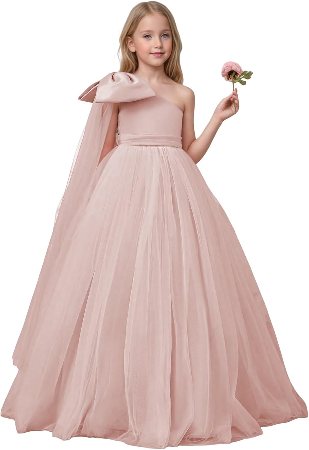 One Shoulder Flower Girl Dresses Satin and Tulle Ball Gown Big Bow Pleated First Communion Dress for Wedding CJ013