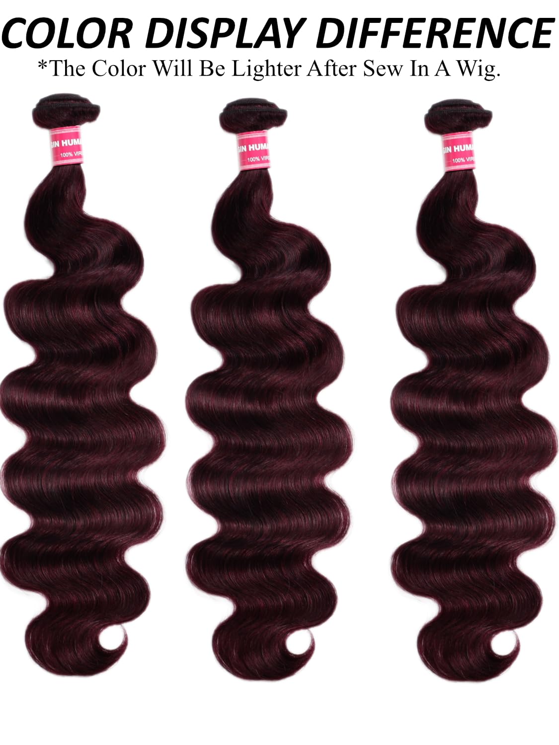 KLAIYI Black Cherry Body Wave Bundles Human Hair Weaves Unprocessed Real Virgin Hair Sew In Extensions 3 Bundles of 22 24 26Inch, Dark Burgundy Wine Red Colored 12A Loose Wave Double Wefts for Women