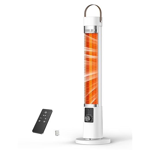 Outdoor Heater for Patio, 1500W Electric Infrared Heaters for Porch Garage Indoor Use, 9H Timer, 60° Oscillation & 9 Heat Level, Tip-Over/Overheating Protection, Safety Lock, Super Quiet, IPX5, White